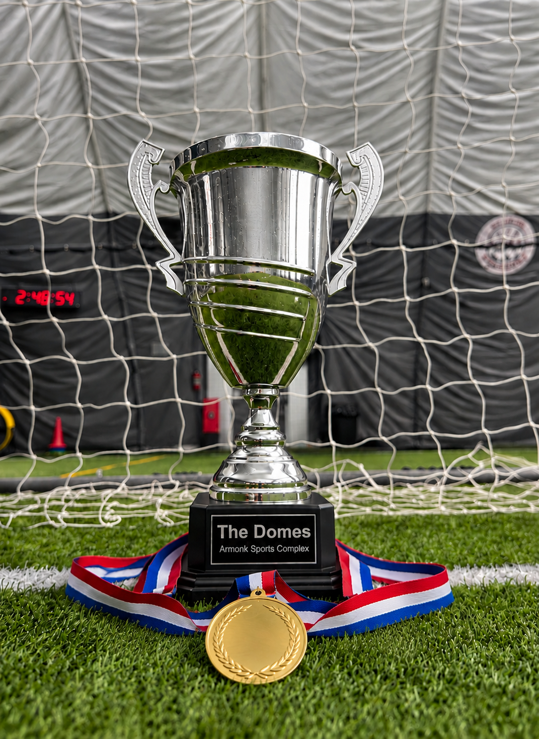 The Domes Armonk league trophy and gold medal on the turf field